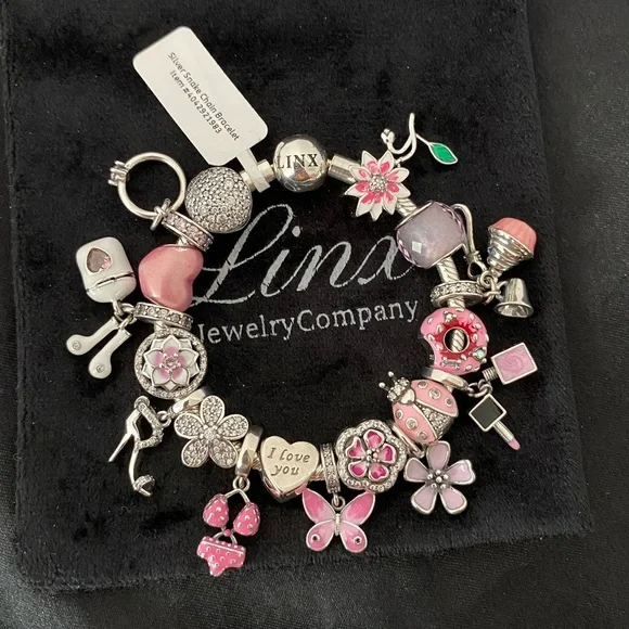 Linx Snake Chain Bracelet with Pink Themed Charms